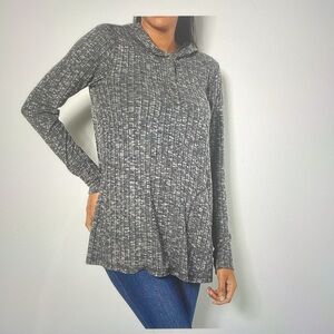 Susan Graver Weekend Brushed Rib Knit Hooded Tunic- Dk Heather Gray L